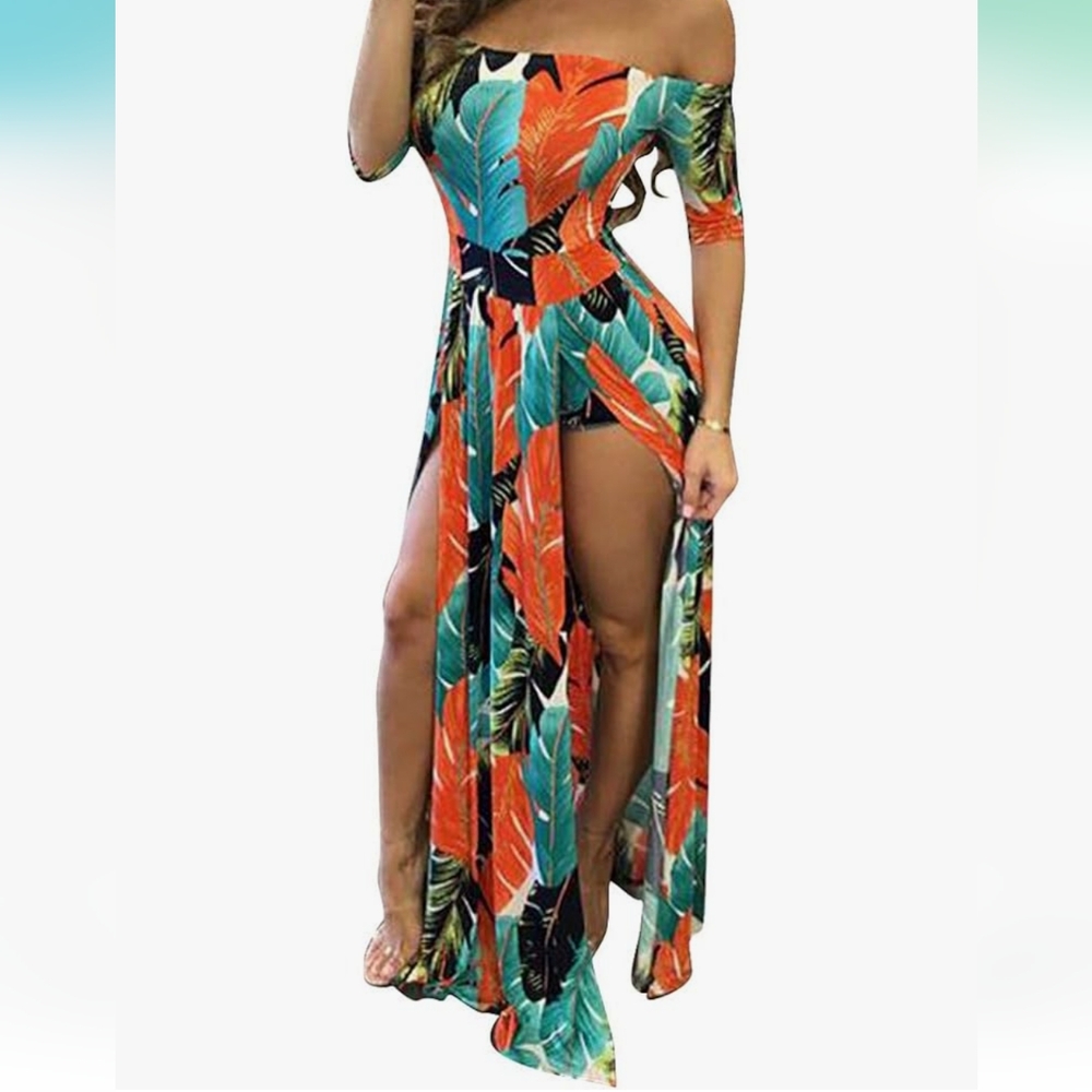 Tropical Hawaiian Leaf Maxi Romper Skirt Bodycon Sexy Summer Dress Beach Orange